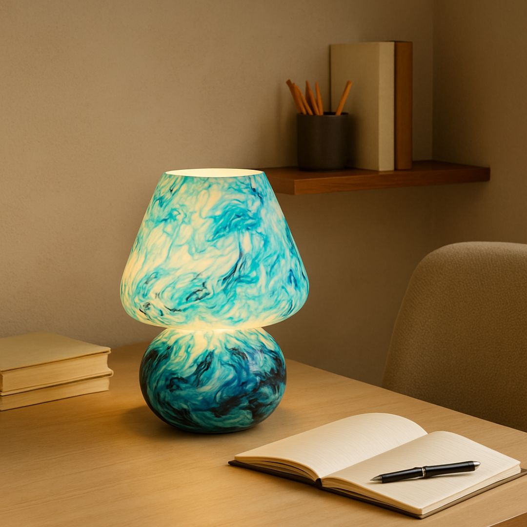 Artful Aura – Marbled Glass Table Lamp in Ocean Mist